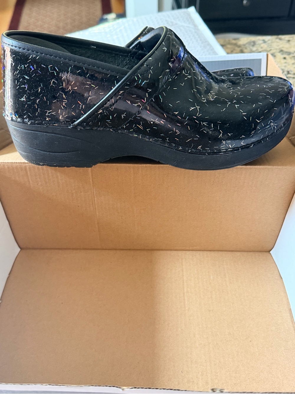 Dansko Black Patent Clogs with Multicolor Sparkle